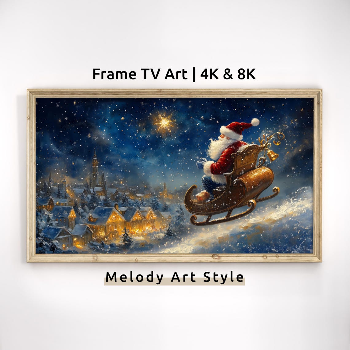 Santas Sleigh Over Christmas Village Frame Tv Art 4k 8k Magical Holiday Oil Painting Eve Santa Screensaver Wallpaper F124
