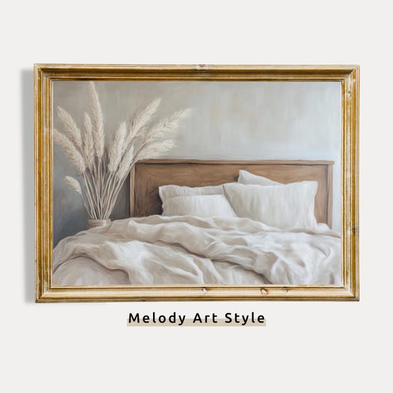 Neutral Bedroom Wall Art Rustic Farmhouse Print Pampas Grass And Cozy Bedding Painting Scandinavian Minimalist P354