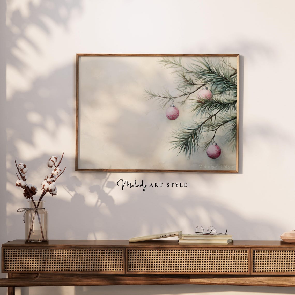 Pink Christmas Ornaments Pine Branch Minimal Neutral Winter Poster - Image 2