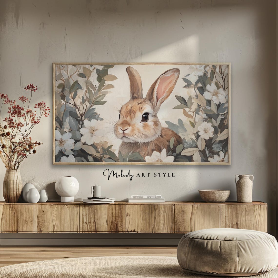 Bunny With White Flowers Neutral Rustic Farmhouse Art Poster - Image 2