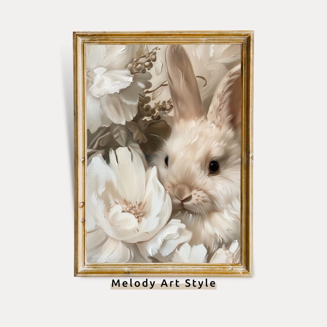 White Bunny Peeking Through White Flowers Neutral Nursery Art Poster