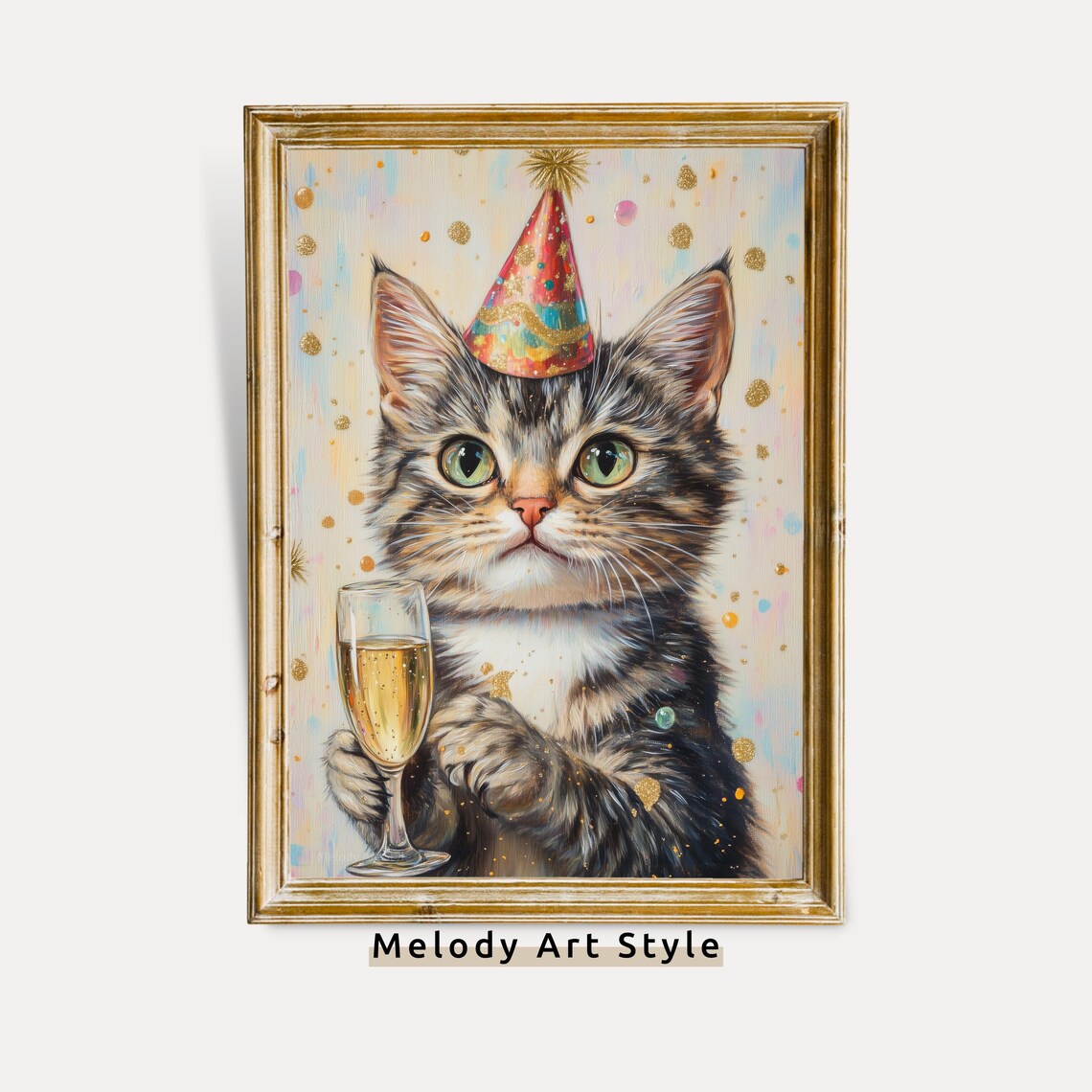 Kitten Birthday Party Hat Champagne Glass Confetti Cute Cat Art Poster