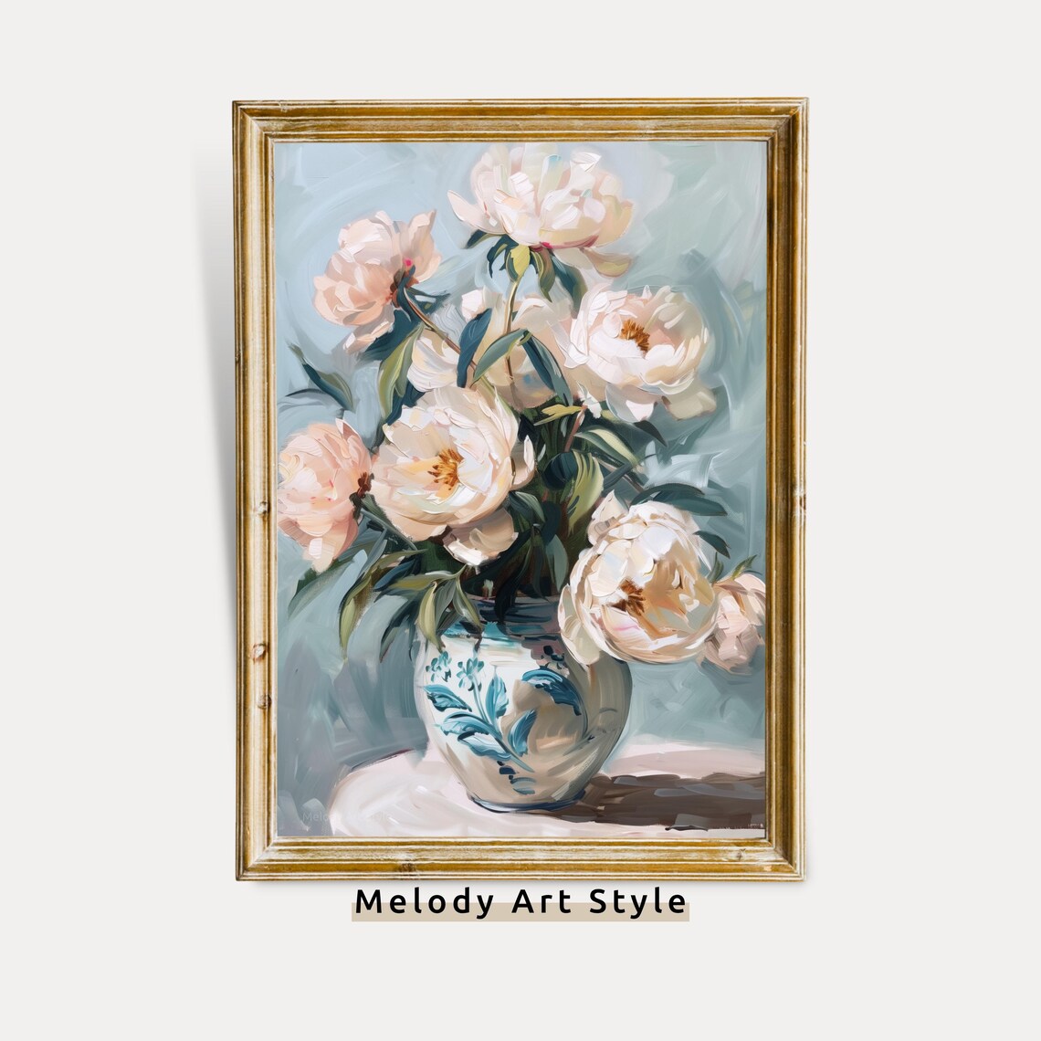 Cream Peonies Vase, Vintage Floral Poster Print