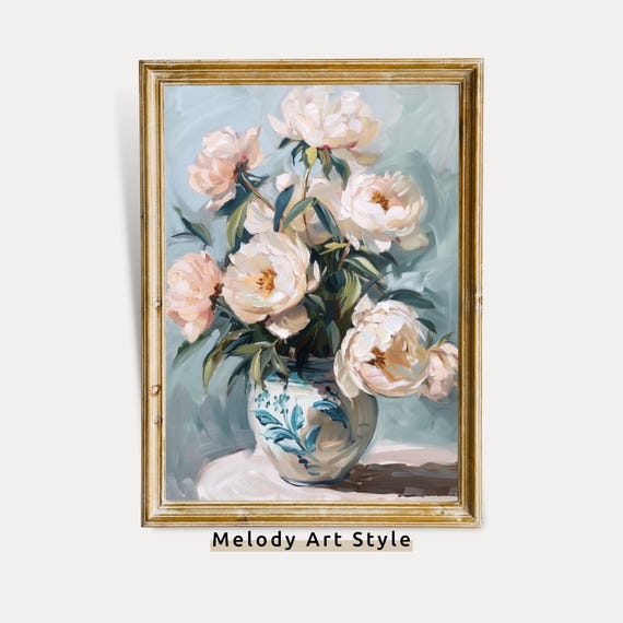 Cream Peonies Vase, Vintage Floral Poster Print