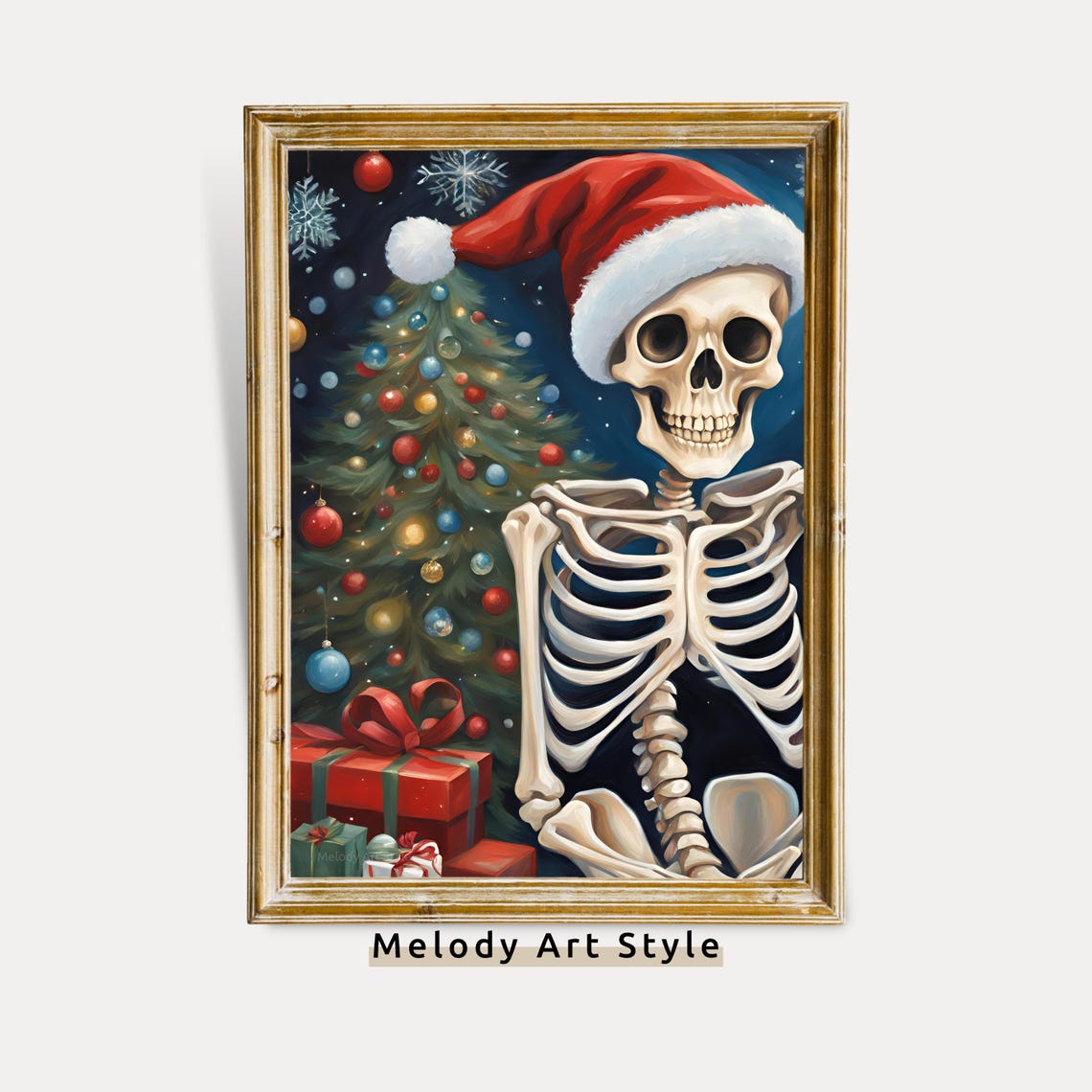 Skeleton Santa Hat Christmas Tree Funny Gothic Holiday Art Poster
