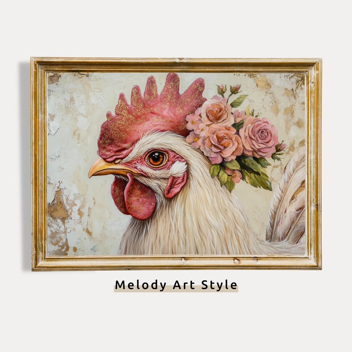White Rooster With Floral Crown Pink Roses Farmhouse Art Poster