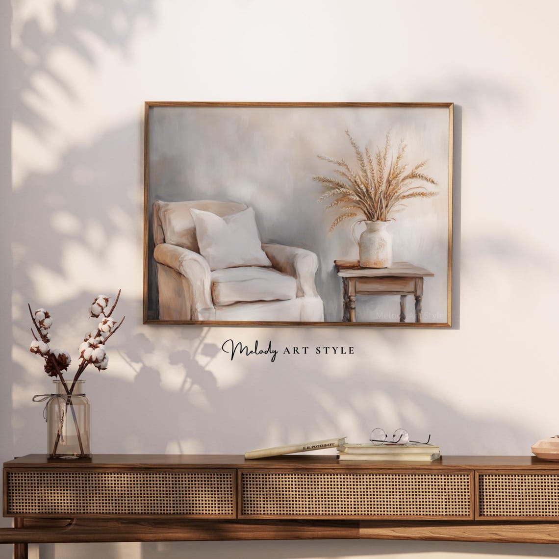 Neutral Armchair With Wheat Vase Cozy Farmhouse Interior Art Poster - Image 2