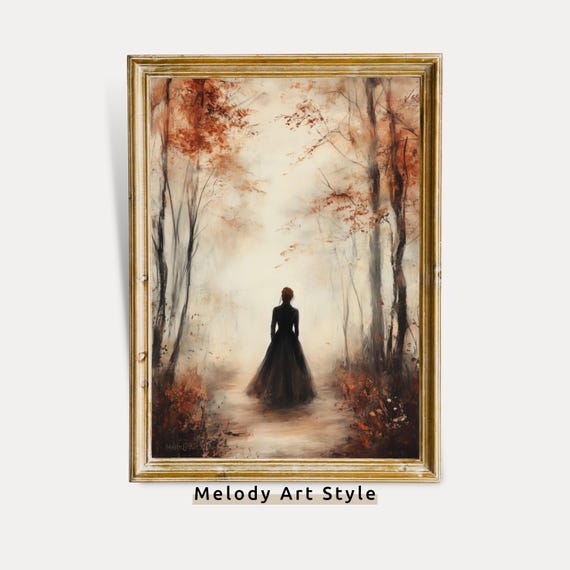 Moody Fall Wall Art Autumn Landscape Poster Gothic Woman In Forest Dark Academia Halloween Home Decor P658