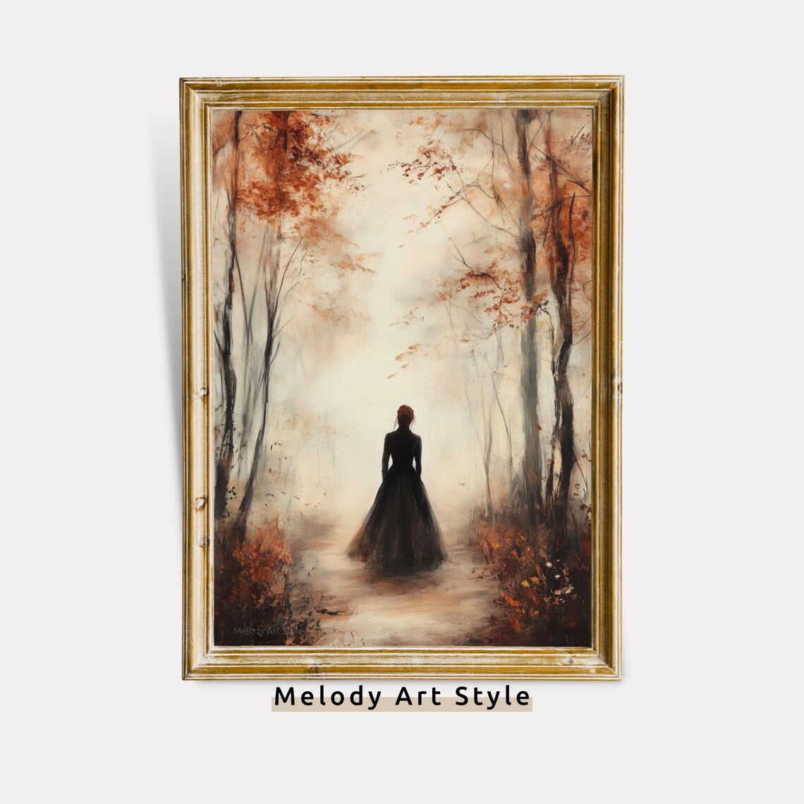 Woman In Black Dress Walking Into Misty Autumn Forest Dark Poster