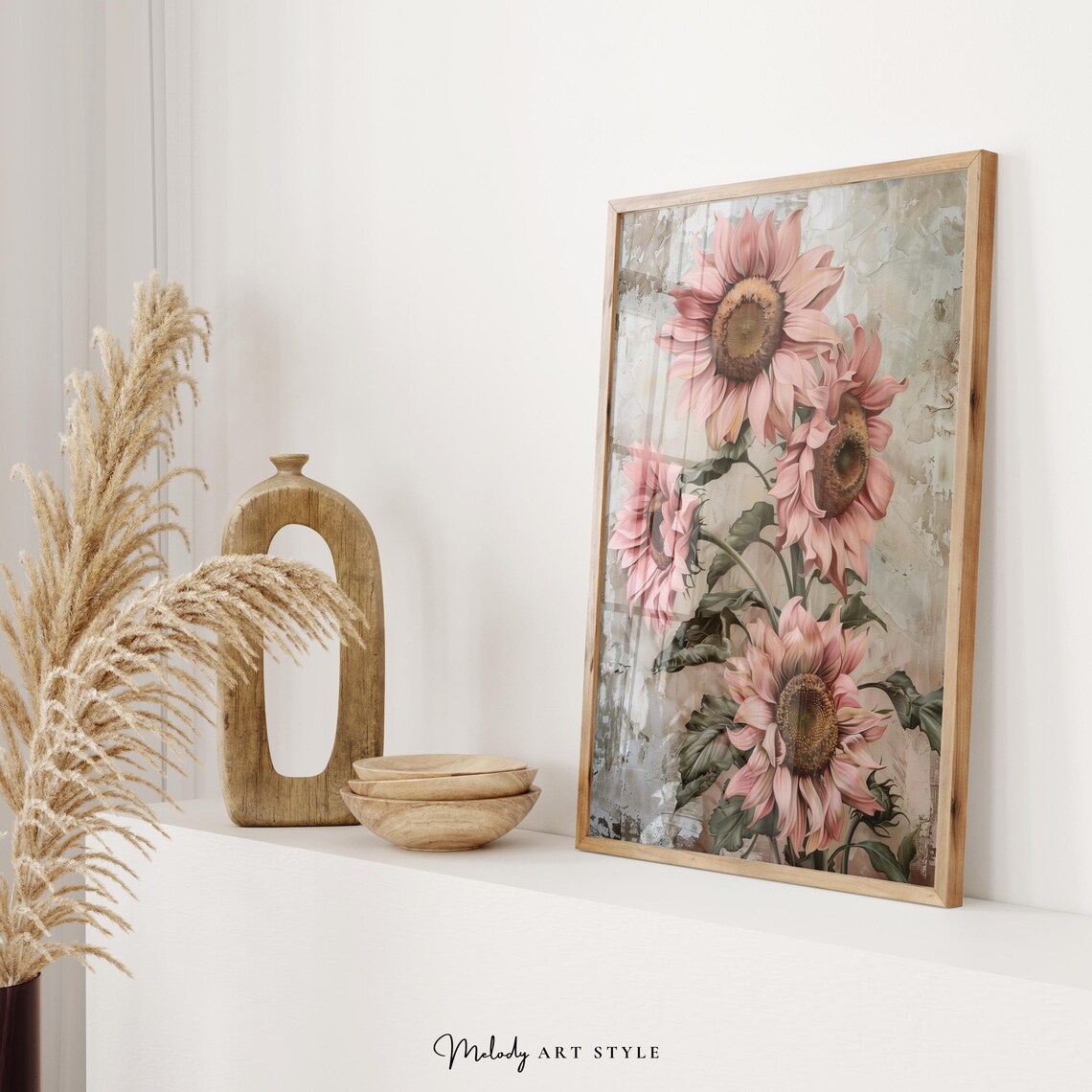 Pink Sunflower Vintage Floral Neutral Farmhouse Wall Art Poster - Image 2