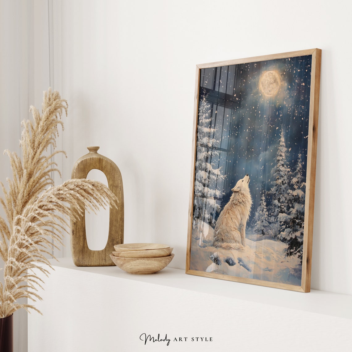 White Wolf Howling At Full Moon Snowy Night Forest Art Poster - Image 2