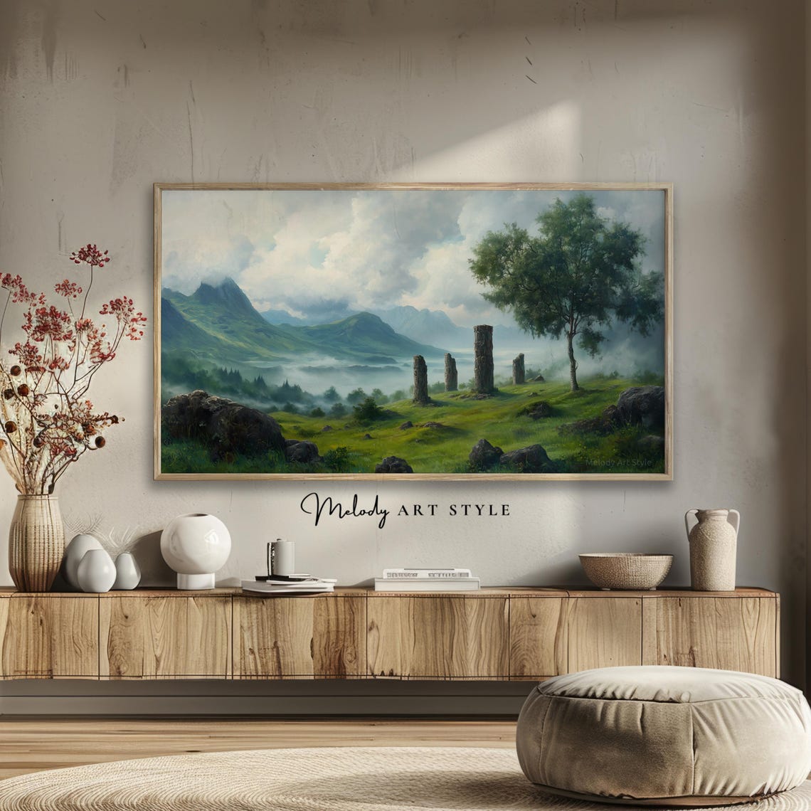 Ancient Stone Circle Misty Highland Valley Mountains Landscape Poster - Image 2