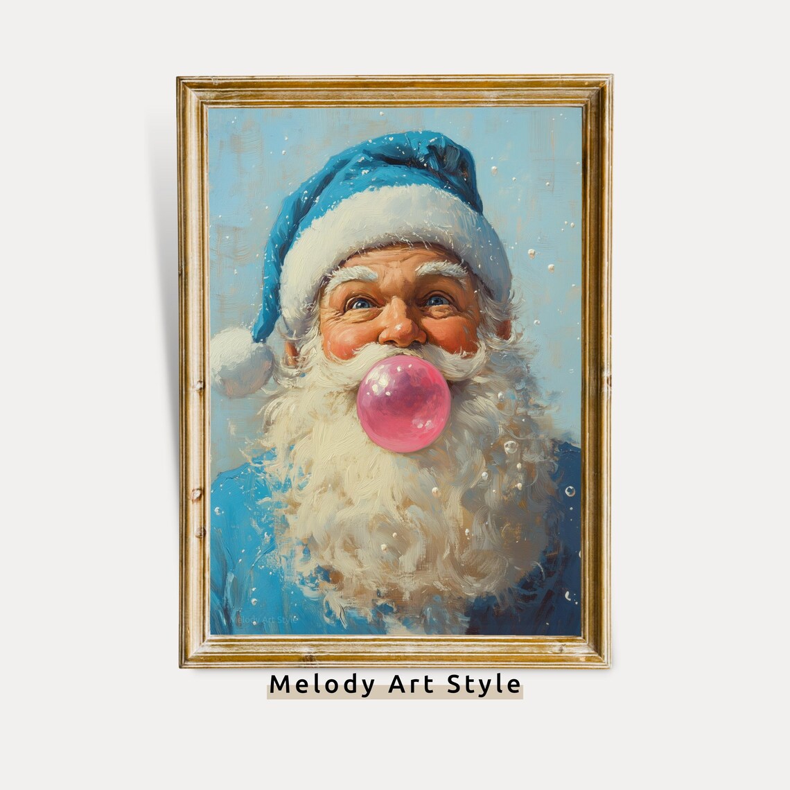Santa Claus Blowing Pink Bubble Gum Blue Oil Painting Holiday Poster