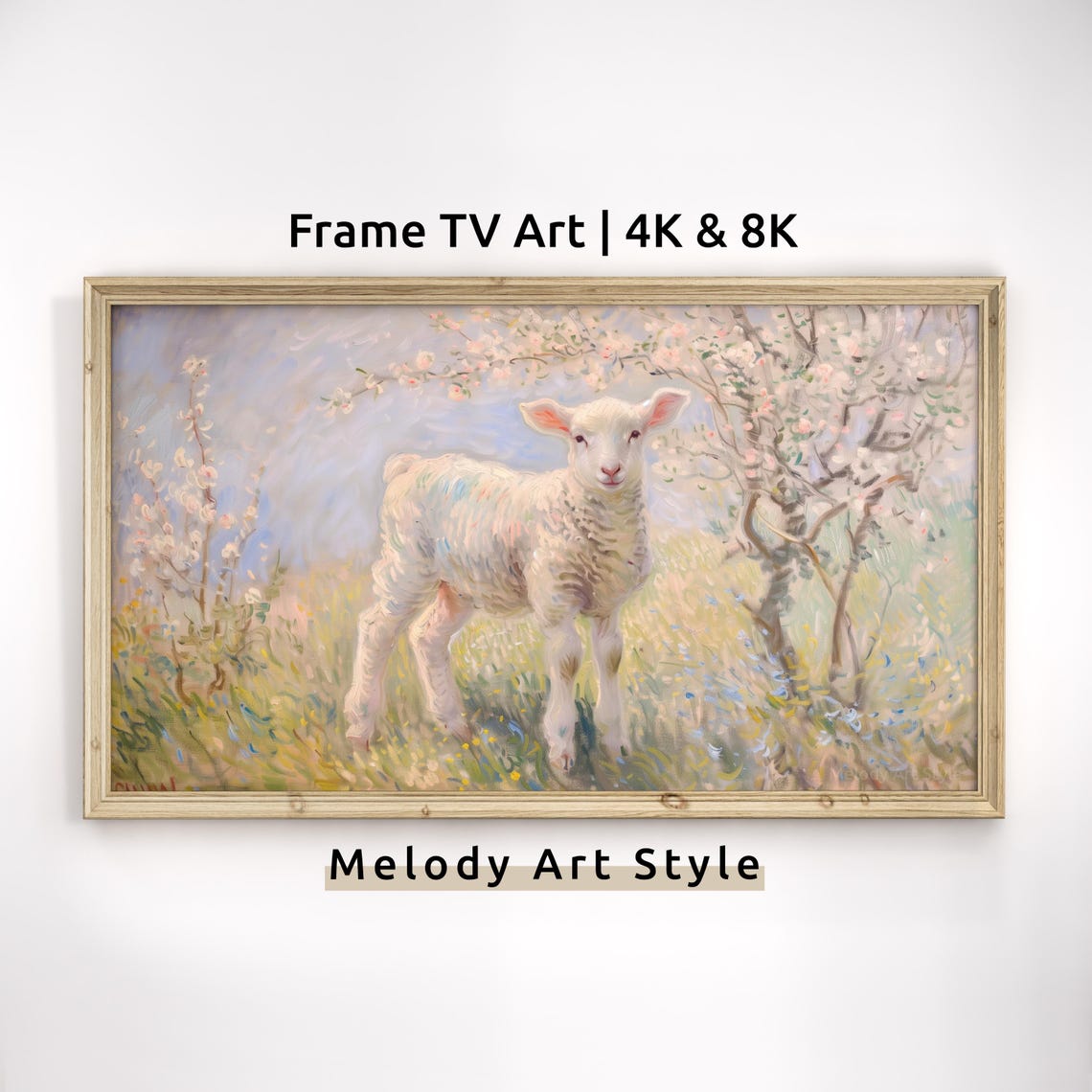 Spring Lamb In Blooming Meadow Impressionist Pastel Frame Wall Art