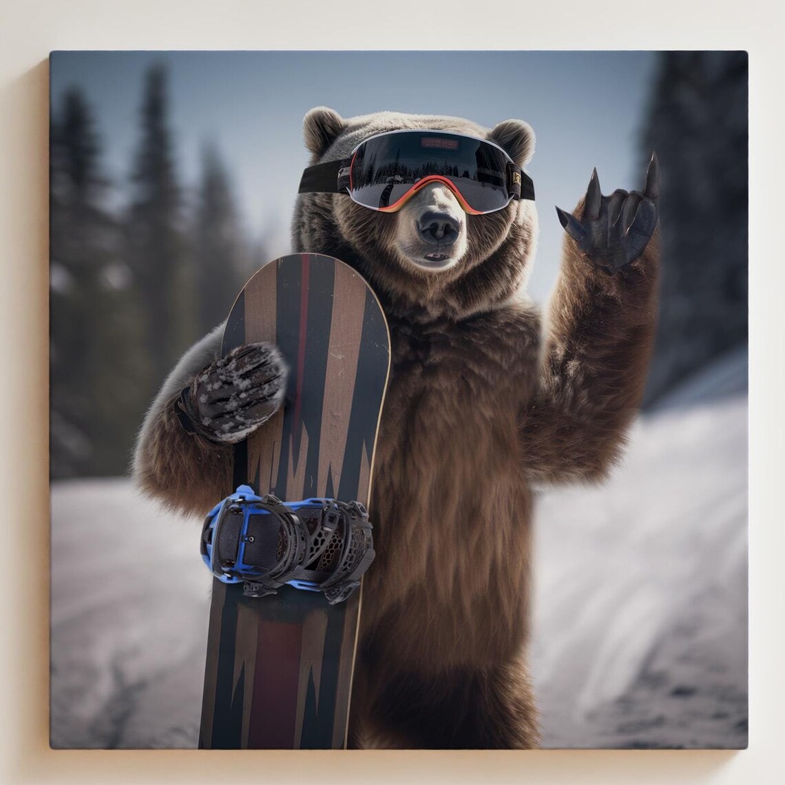 Bear Snowboarding Ski Wall Art, Funny Gift Decor