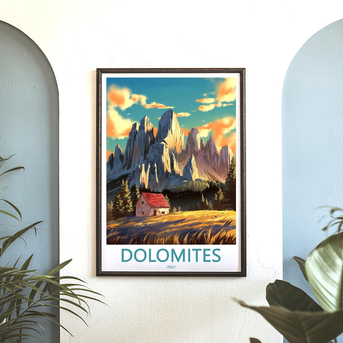 Dolomites Red Roof Hut in Golden Meadow at Sunset Travel Poster - Image 3
