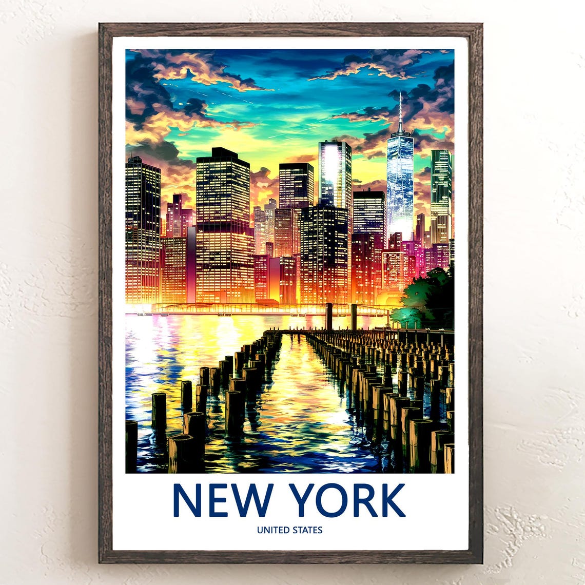 New York Manhattan Skyline Sunset Pier Posts Water Travel Poster
