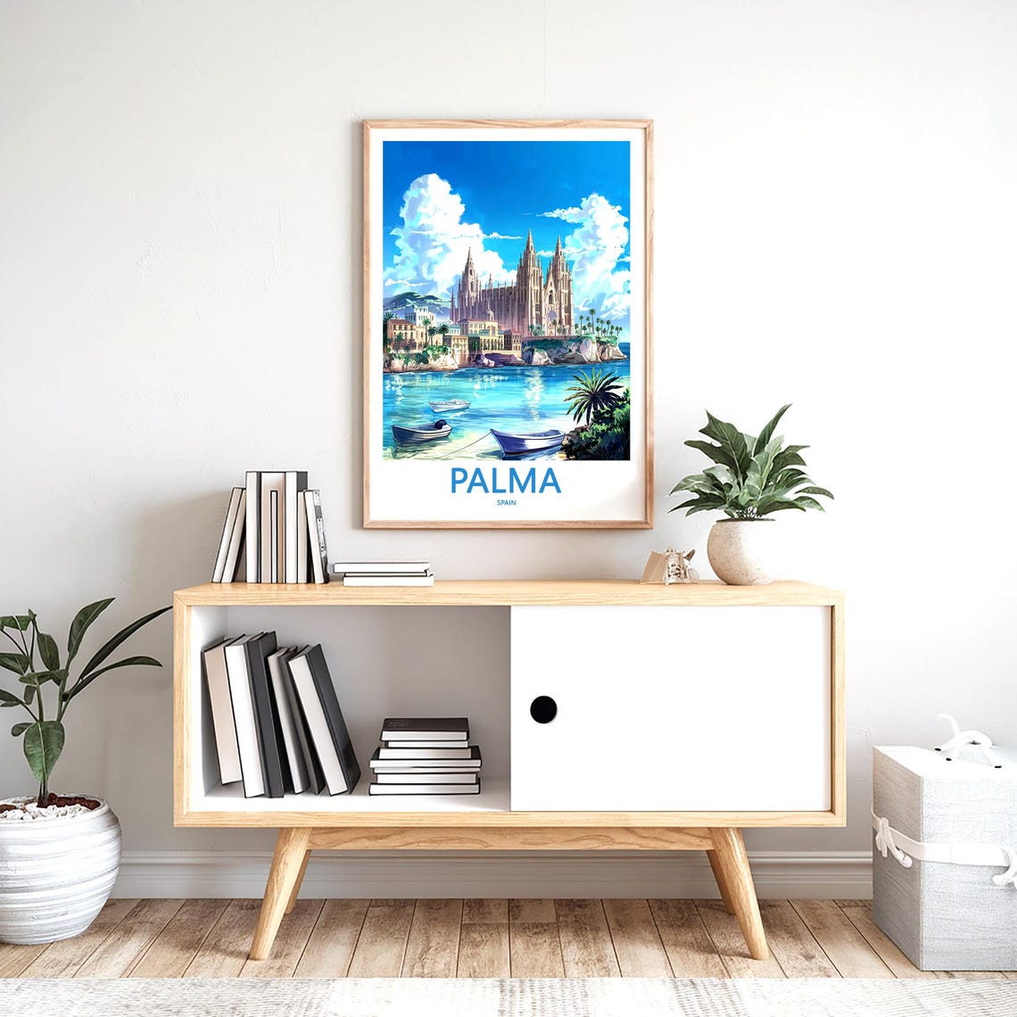 Palma Spain Cathedral From the Water With Small Boats Poster - Image 2