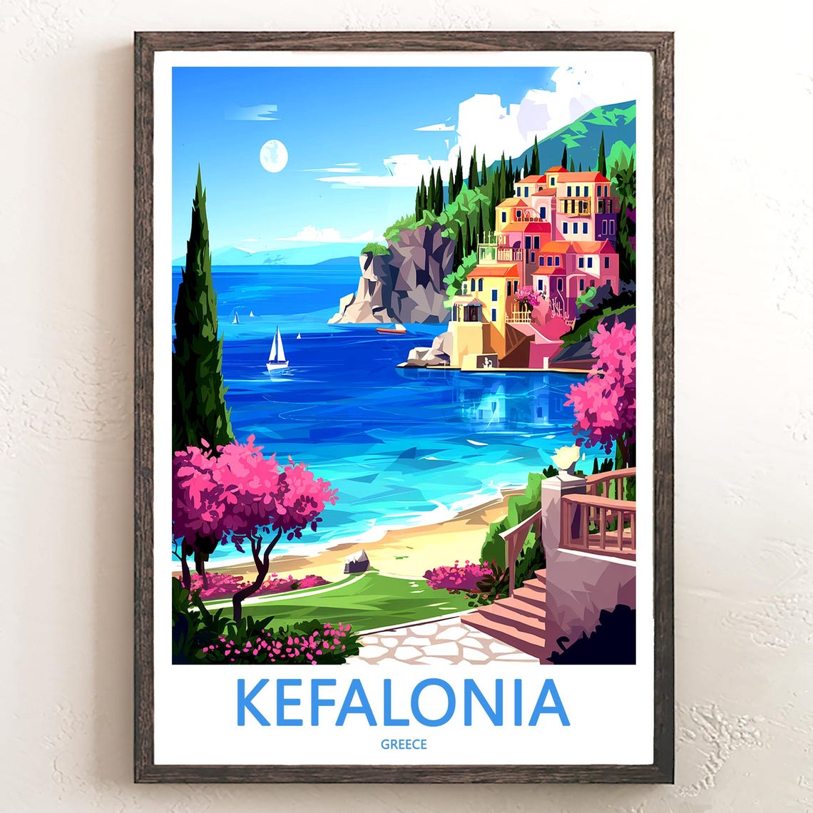 Kefalonia Greece Cliffside Village Sailboats Bay View Poster
