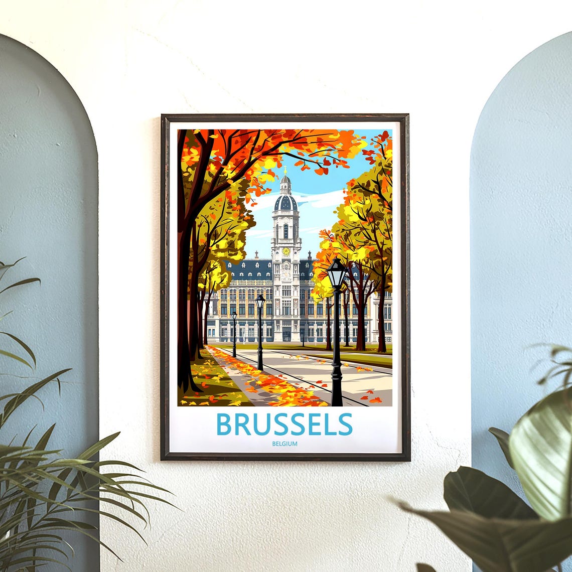 Brussels Belgium Clock Tower Autumn Avenue Fall Leaves Poster - Image 3