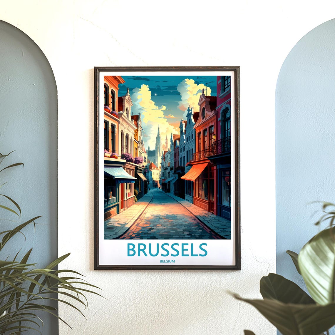 Brussels Cobblestone Street Flower Balconies Painted Scene Poster - Image 3