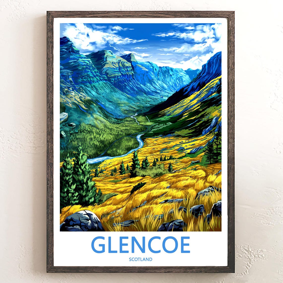 Glencoe Scotland Blue Peaks Golden Grass Valley Vista Poster