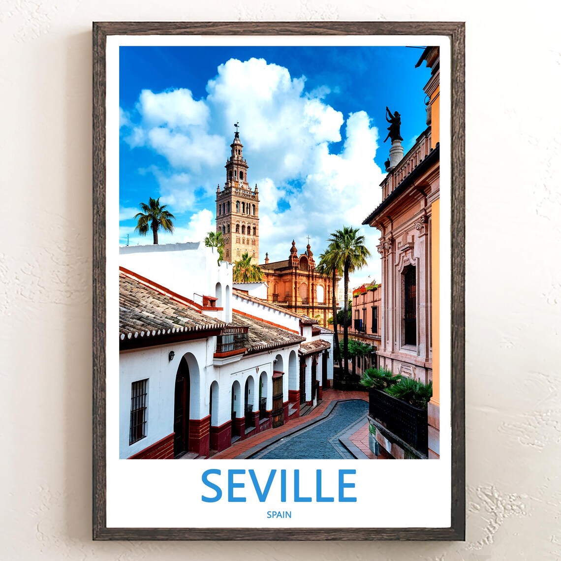 Seville Old Town Street Giralda Tower Whitewashed Houses Travel Poster