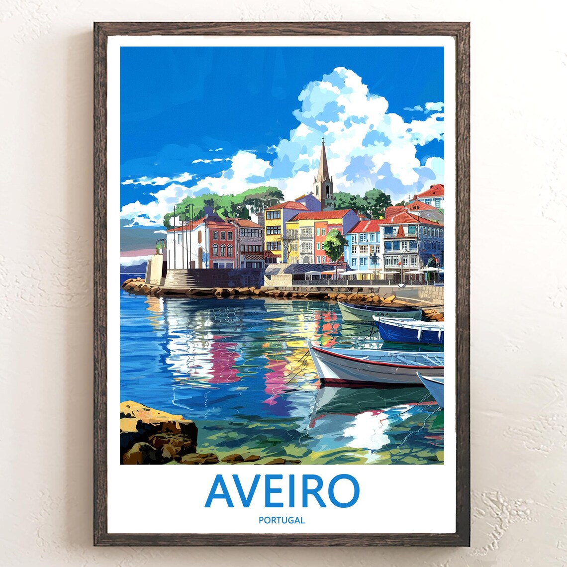 Aveiro Portugal Colorful Harbor Boats and Church Tower Poster