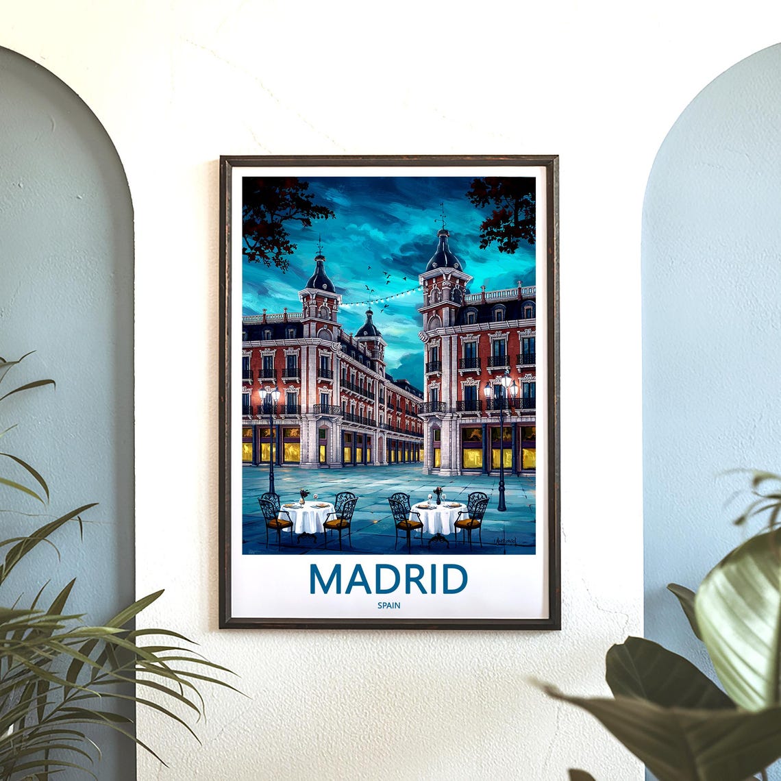 Madrid Twilight Plaza Outdoor Dining String Lights Art Poster - Image 3