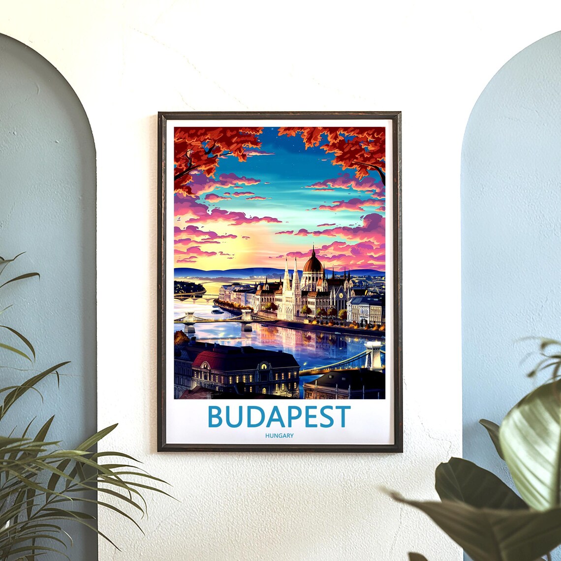 Budapest Hungary Parliament Sunset Painted River Travel Poster - Image 3