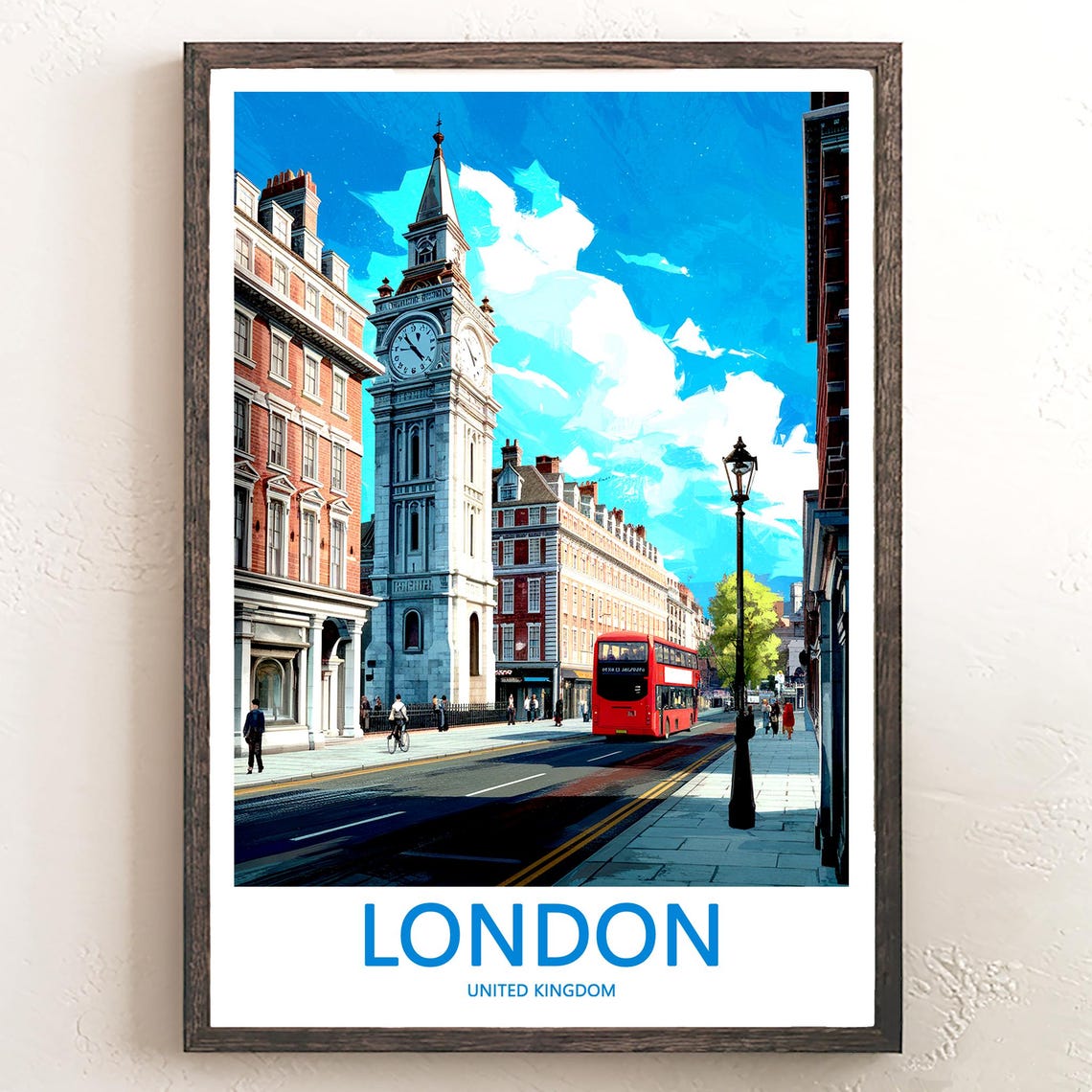 London Historic Clock Tower Red Bus Street Scene Illustration Poster