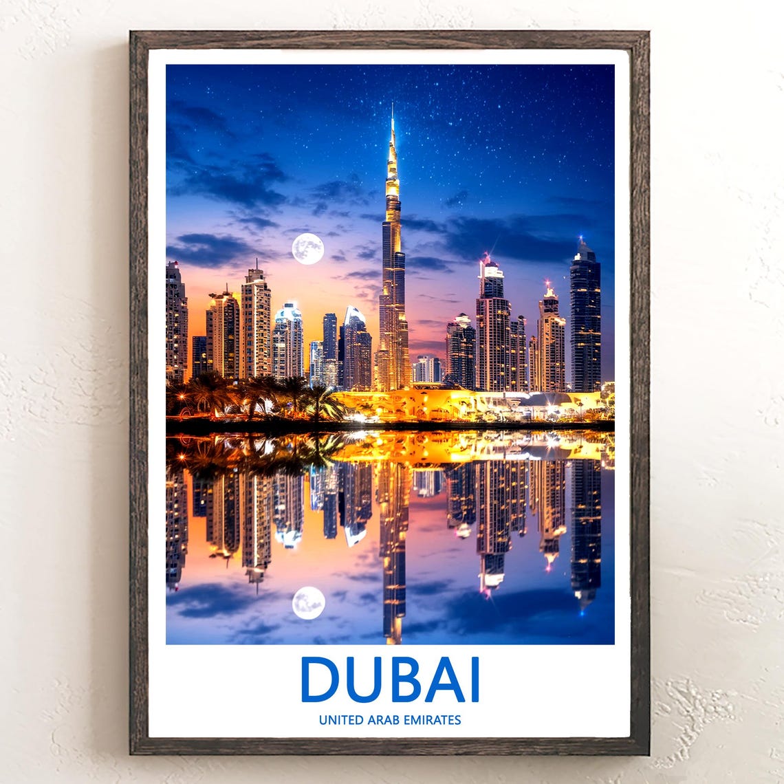 Dubai Starry Night Burj Khalifa Under Full Moon Reflection Poster