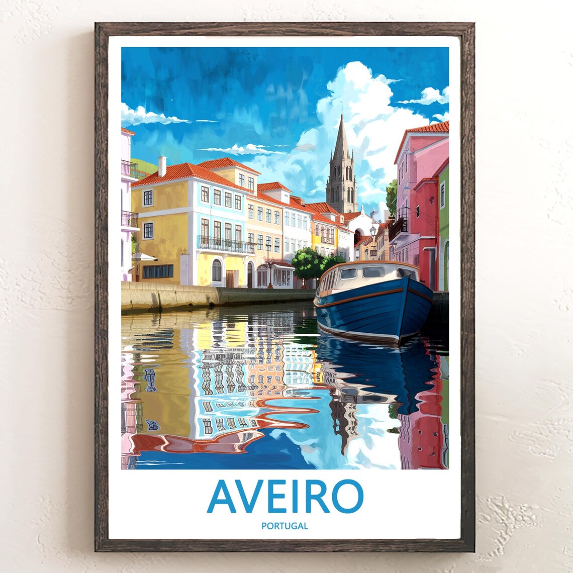 Aveiro Portugal Illustrated Canal Blue Boat Church Tower Travel Poster