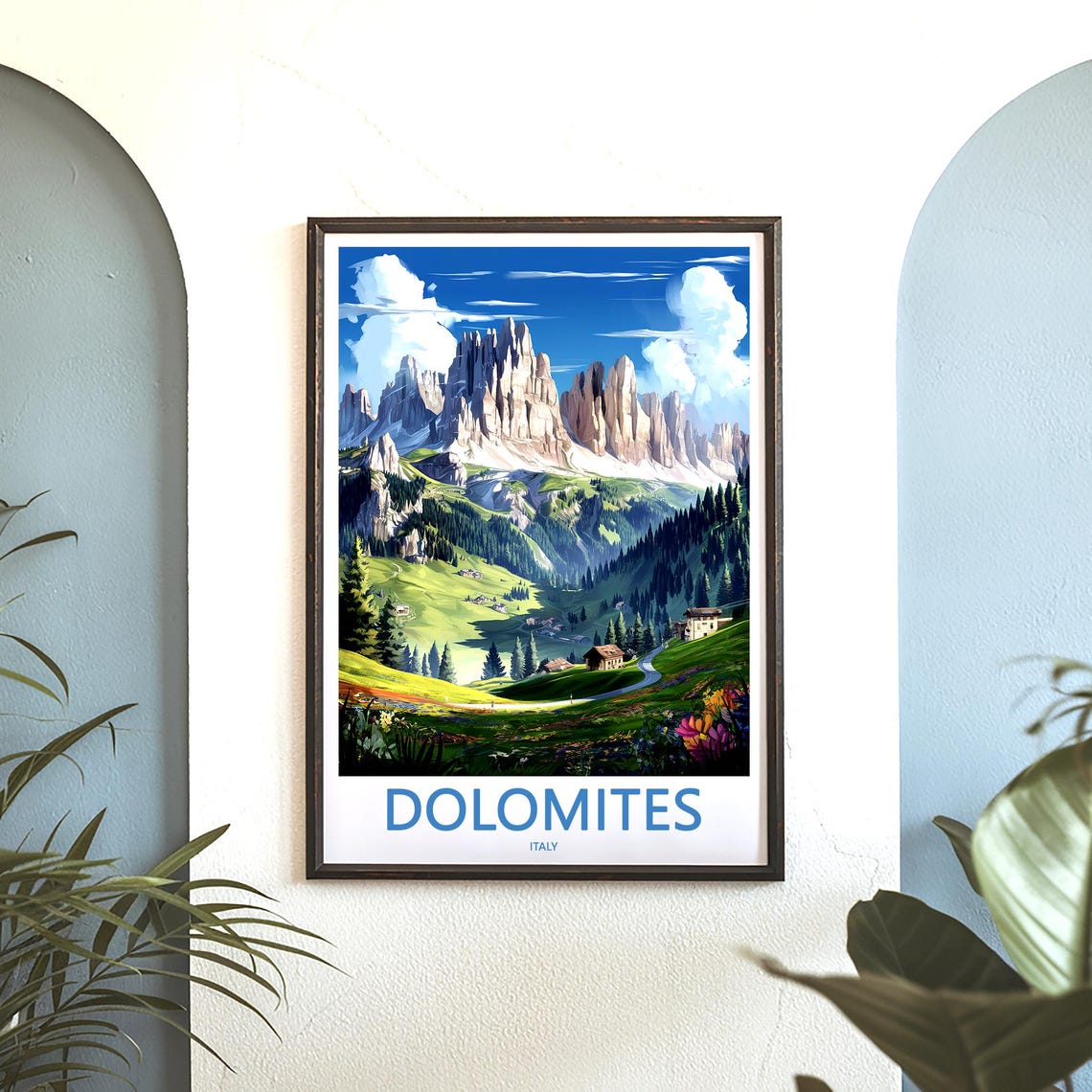 Dolomites Winding Road through Wildflower Meadow Travel Poster - Image 3