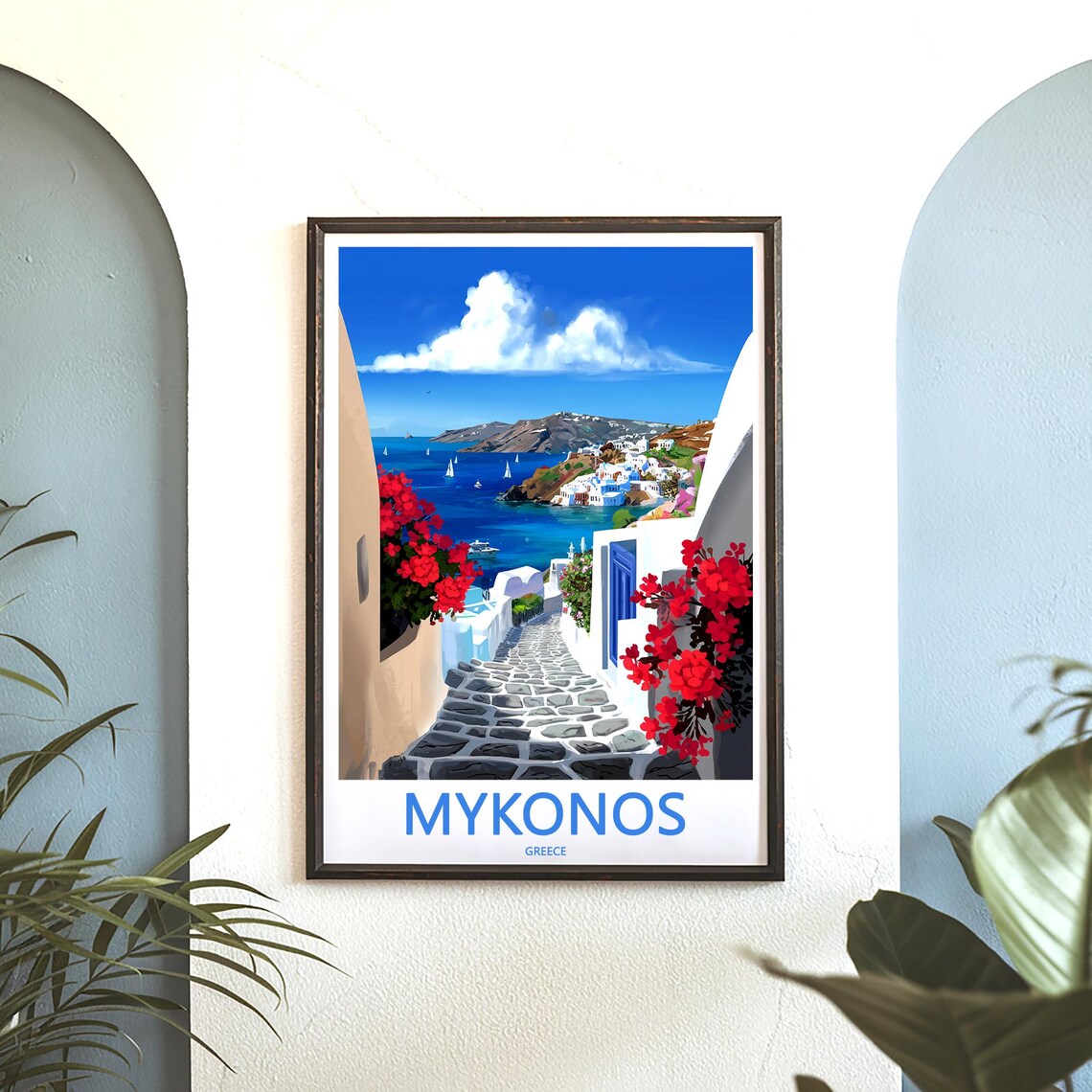 Mykonos Curved Alley To The Sea Red Flowers Greece Art Poster - Image 3