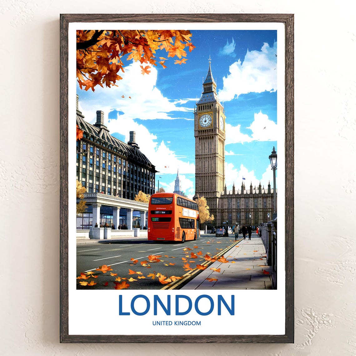 Big Ben Red Double Decker Bus on an Autumn Street Illustration Poster