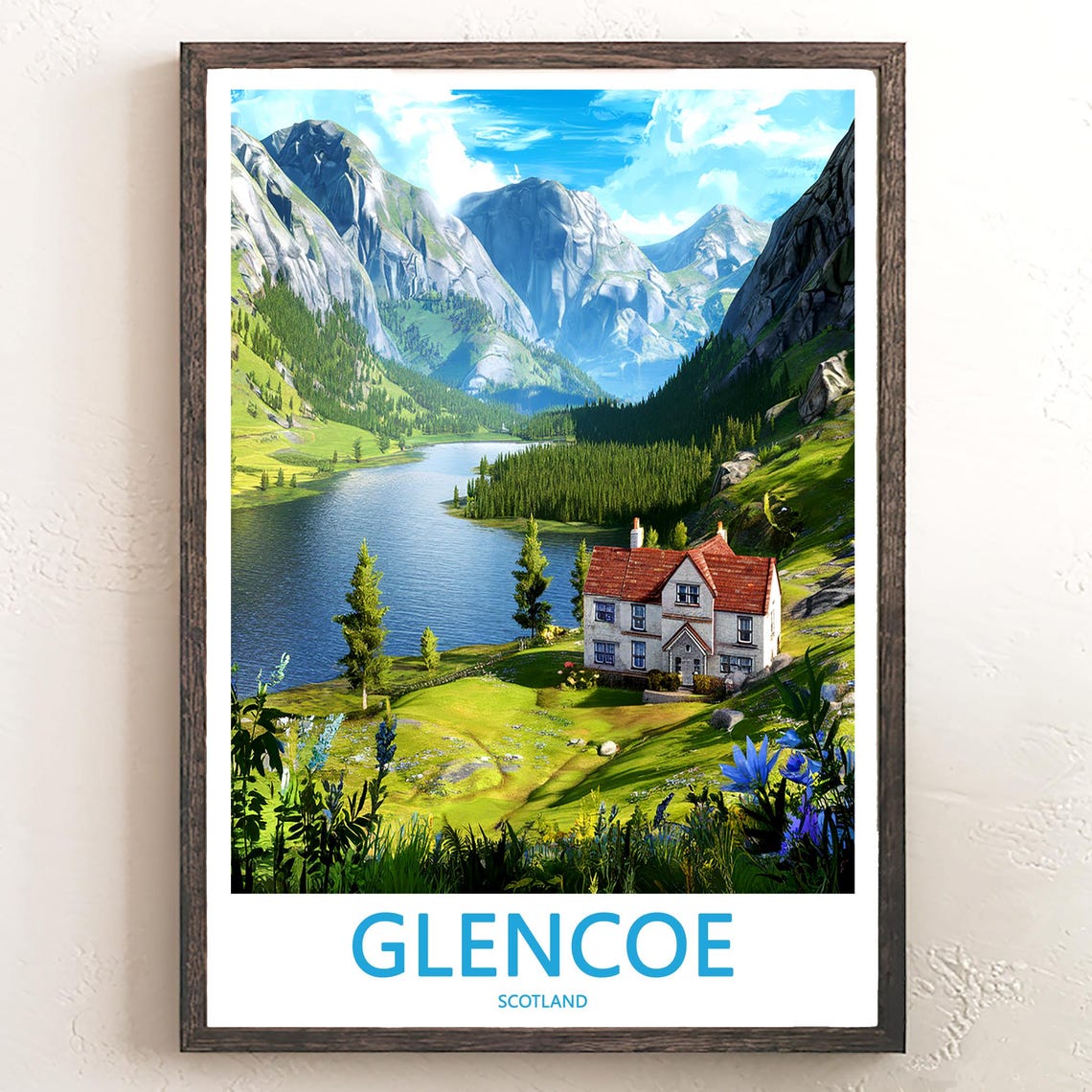 Glencoe Scotland Cottage by the Loch Mountain Vista View Poster