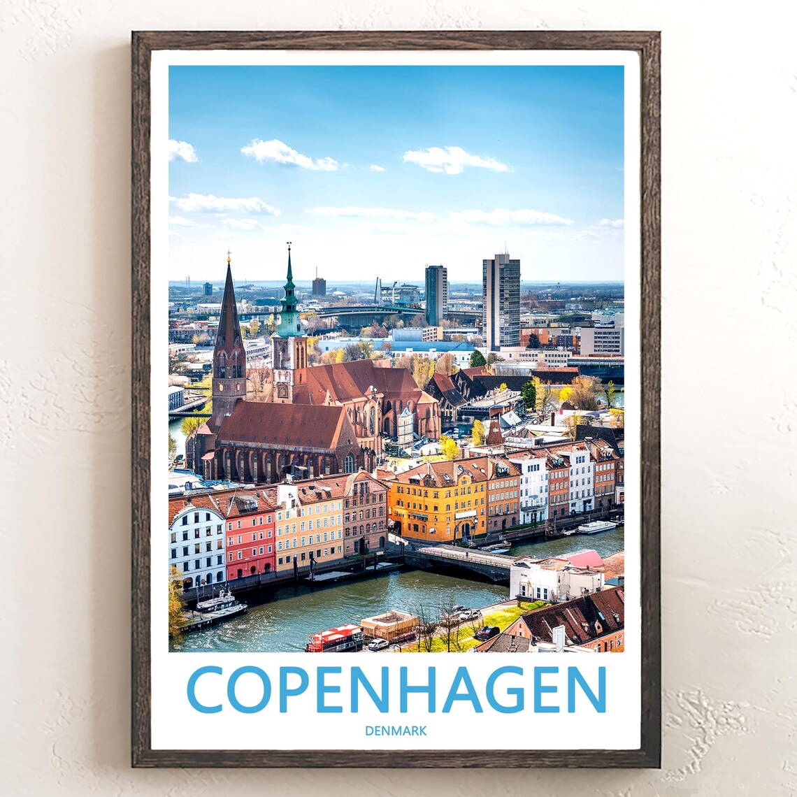 Copenhagen Aerial Skyline Church Spires Harbor Denmark Travel Poster