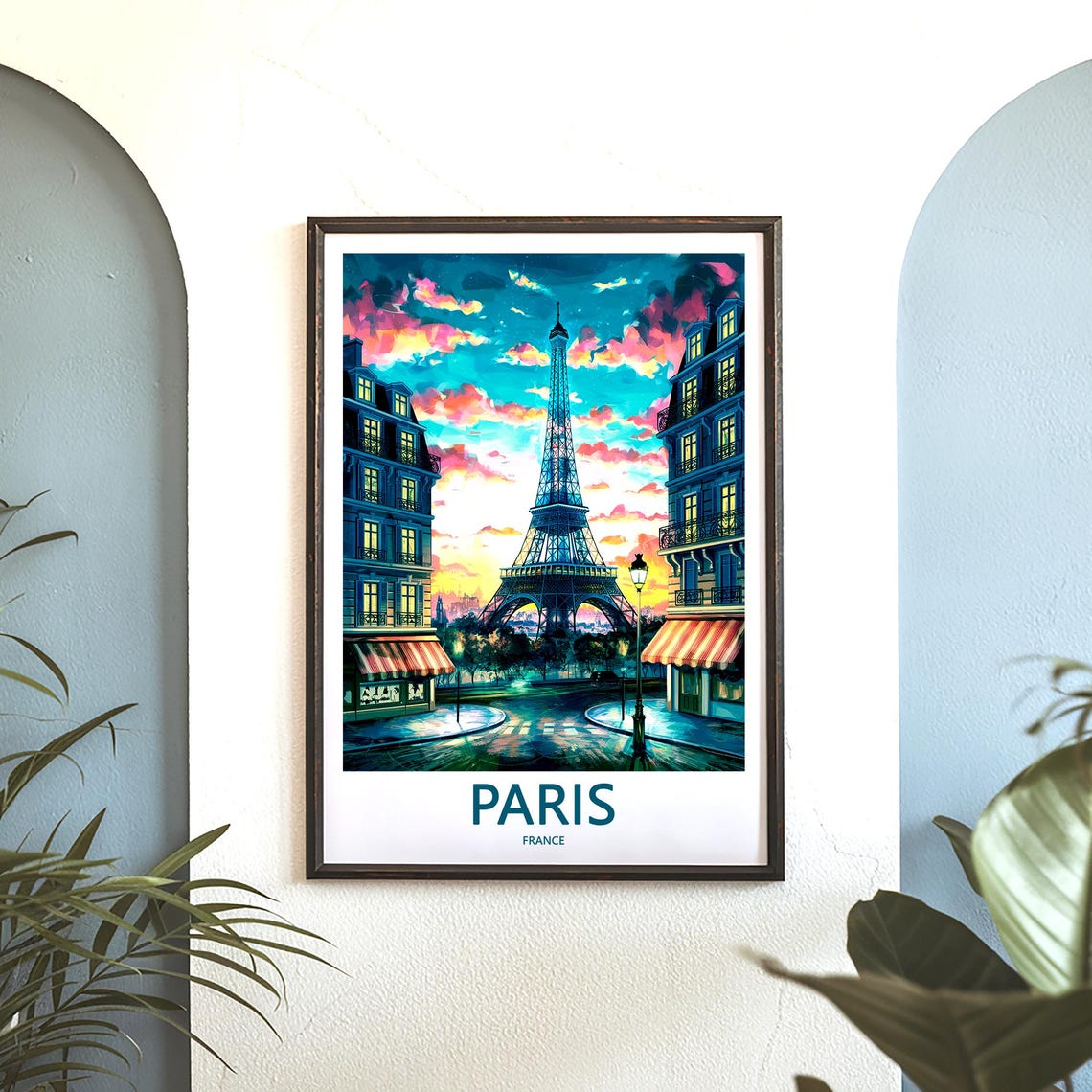 Eiffel Tower Night Cafe Street Pink Sunset Sky Illustrated Poster - Image 3