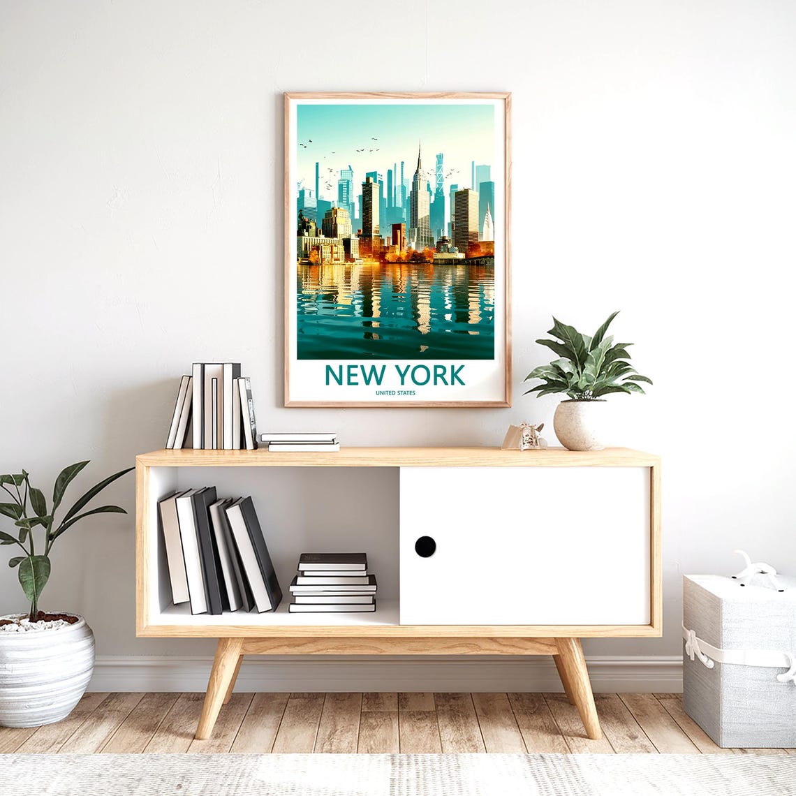 Panoramic Manhattan Skyline with Golden Water Reflection Poster - Image 2