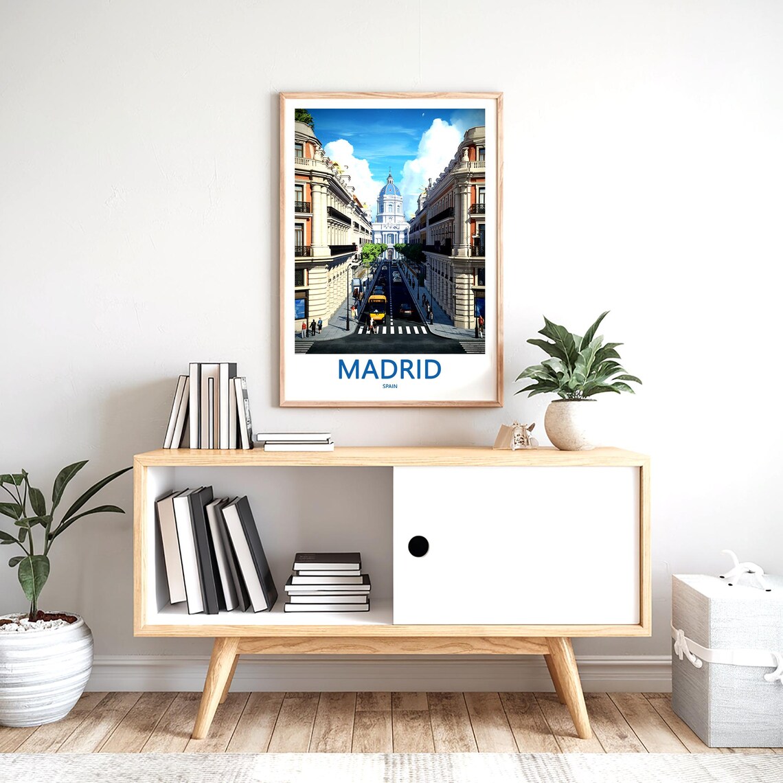 Madrid Blue Domed Church Busy Street Yellow Bus Scene Poster - Image 2