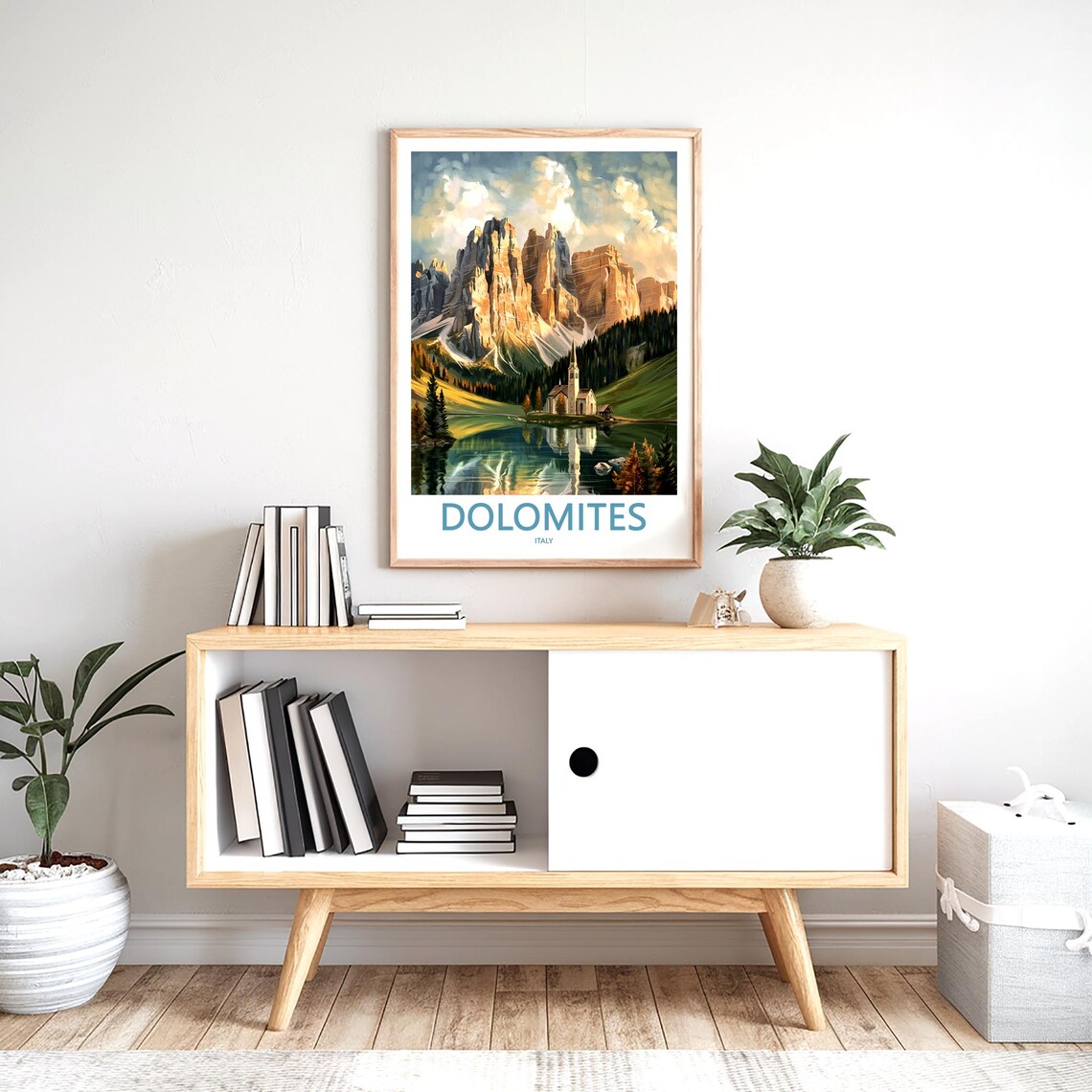 Dolomites Italy Golden Glowing Peaks Lake Church Travel Poster - Image 2