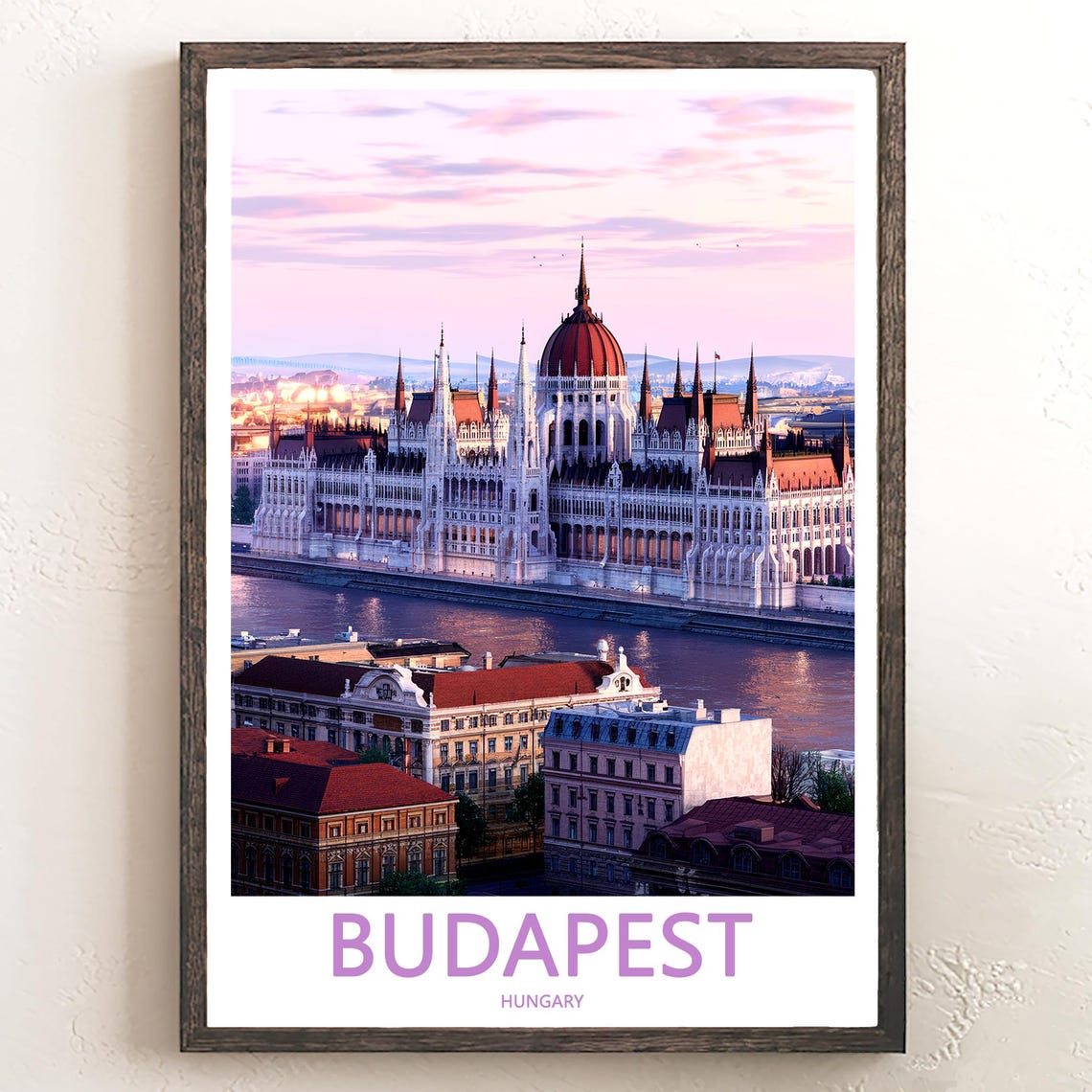 Budapest Hungary Parliament at Dusk Above City Rooftops Poster
