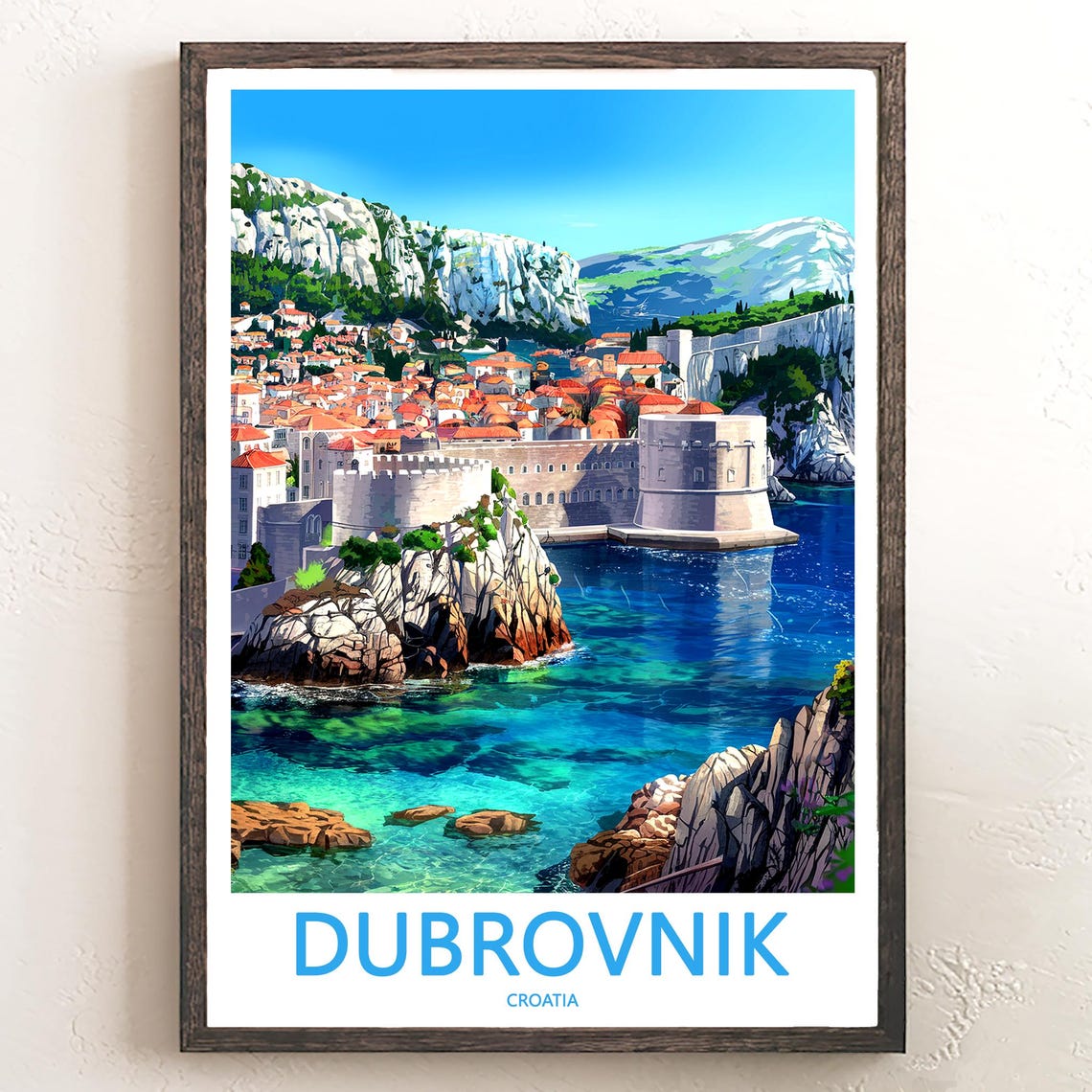 Dubrovnik City Walls from Sea Rocky Cliffs Illustration Travel Poster