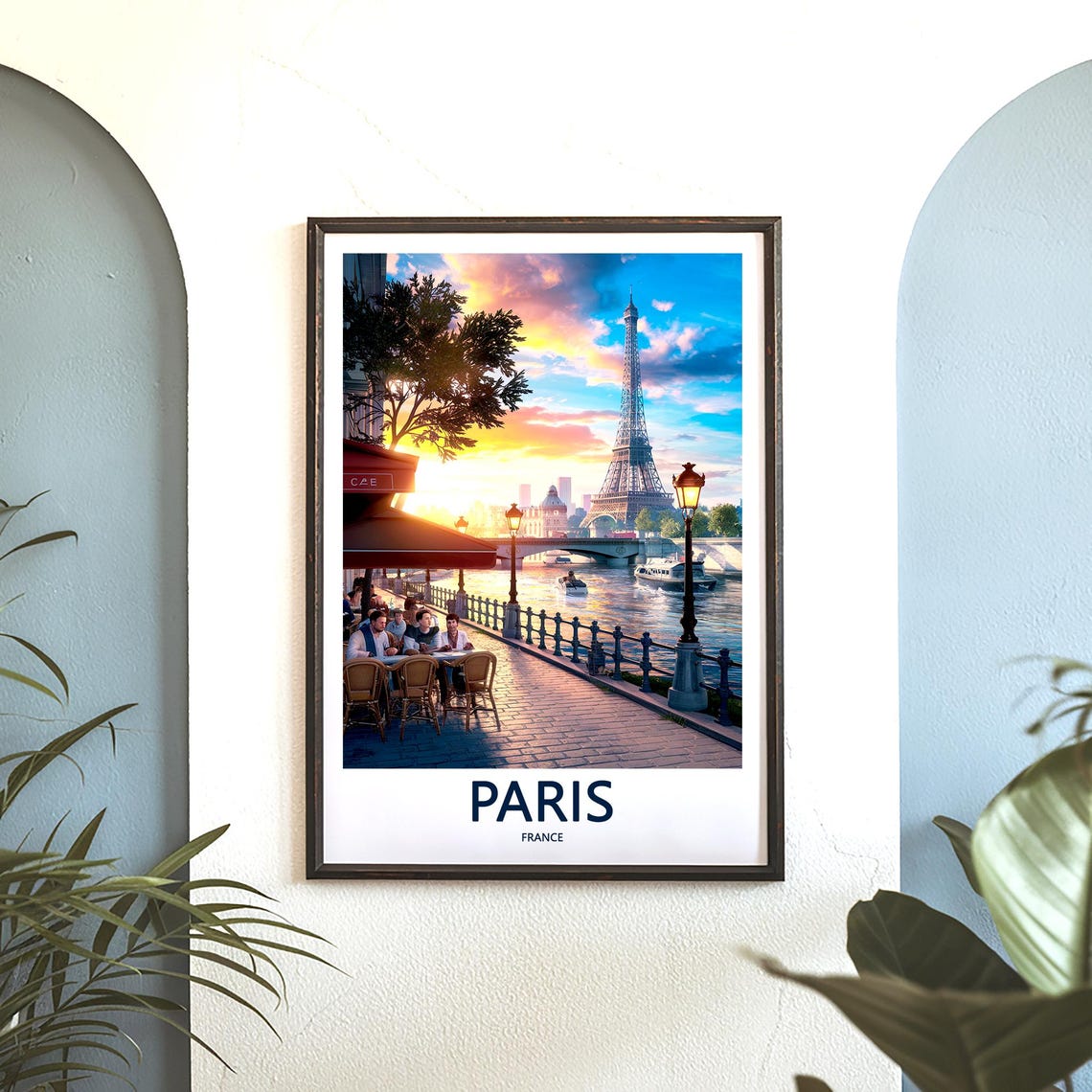 Seine Riverside Cafe at Sunset with Eiffel Tower and Tour Boats Poster - Image 3