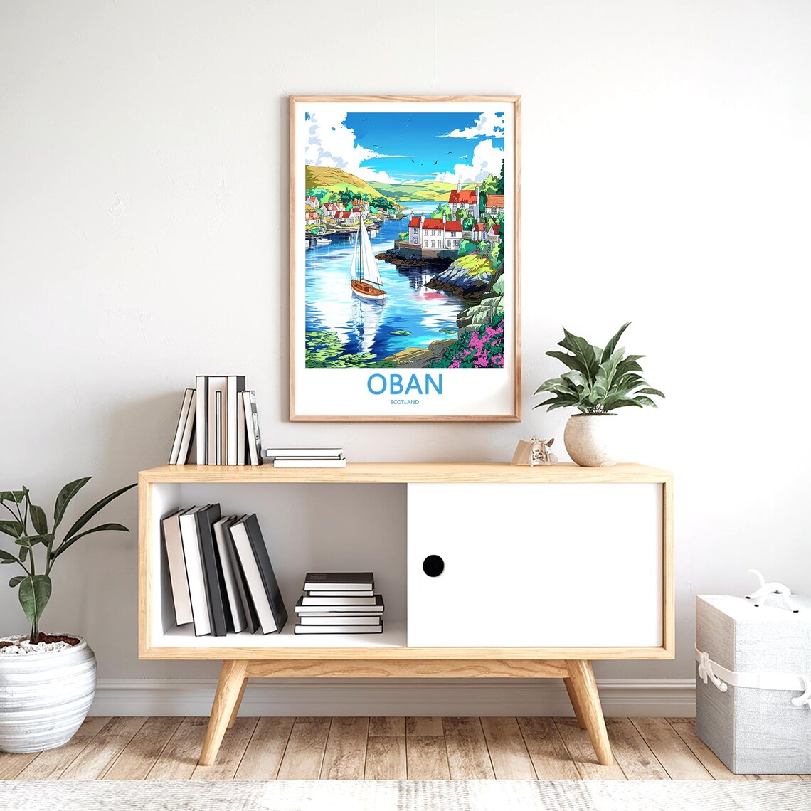 Oban Scotland Wooden Sailboat in Cove with Pink Blossoms Poster - Image 2