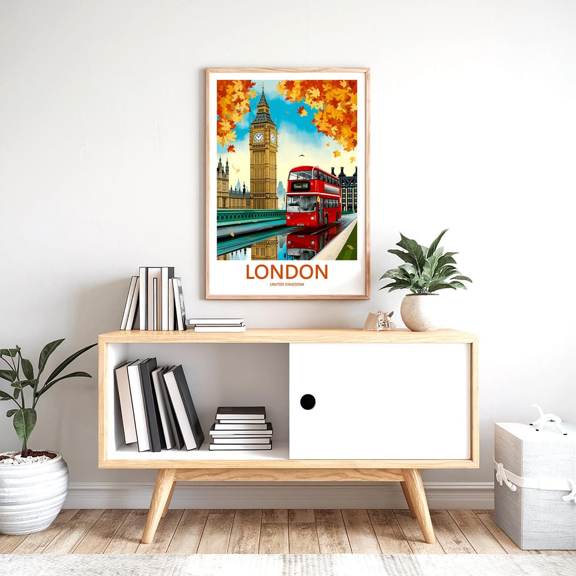 Big Ben Red Double Decker Bus at Tower Hill Autumn Illustration Poster - Image 2