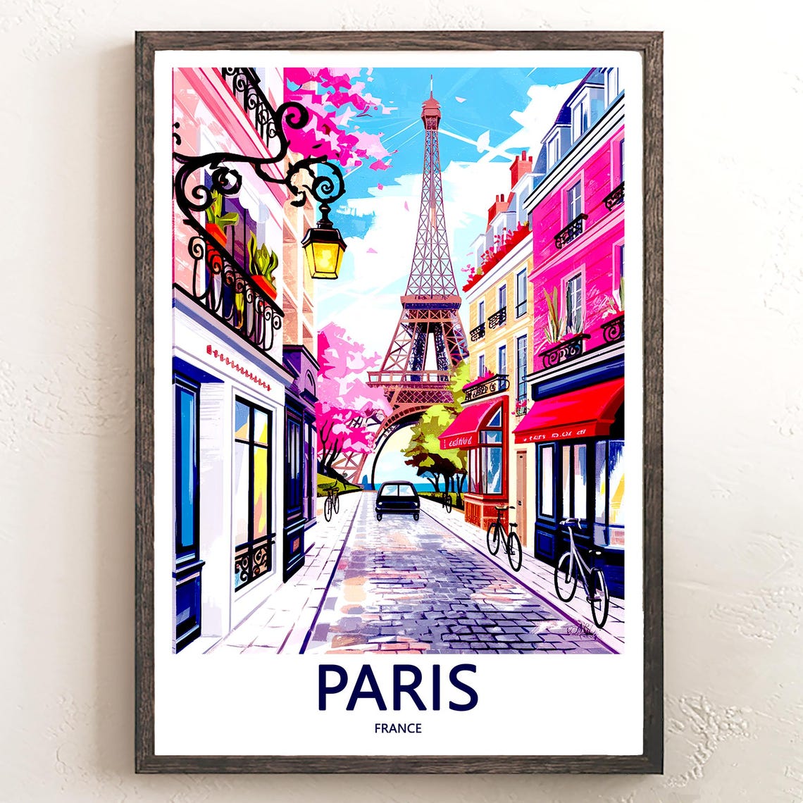 Eiffel Tower Pink Shopping Street Bicycles Cobblestone Paris Poster