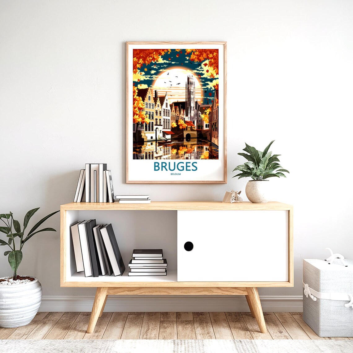 Bruges Autumn Sunset over Canal with Falling Leaves Travel Poster - Image 2