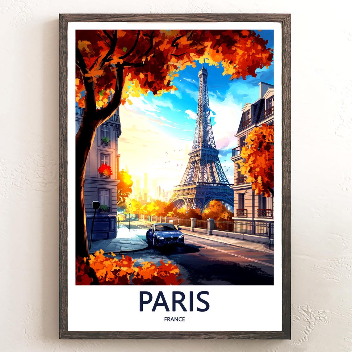 Eiffel Tower Autumn Street with Blue Car Illustrated Paris Poster